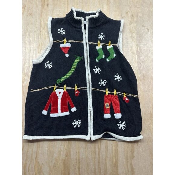 Mercer Street Studio Sweaters - Christmas Santa Suit Mittens Scarf Clothesline Cardigan Vest M Stockings Ramie